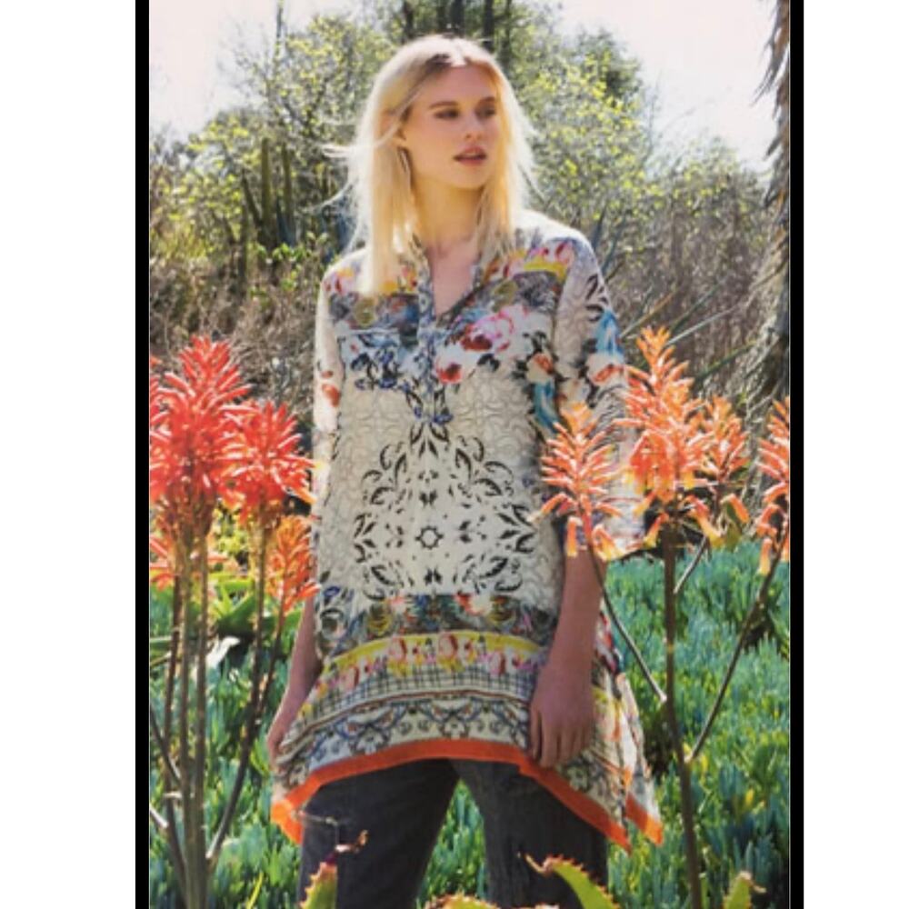 Johnny Was Cream Floral Tunic with Orange Trim